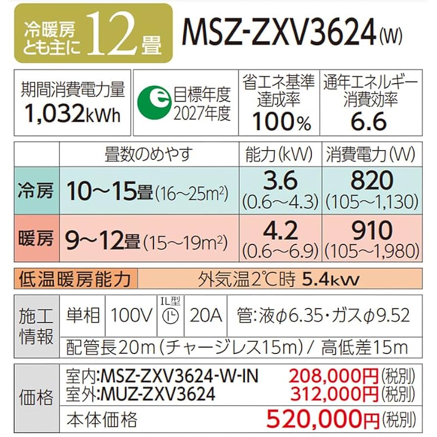 エアコン　2022年モデル　12畳用 MSZ-ZXV4025S 三菱電機 ルームエアコン (おもに14畳用) 霧ヶ峰 Z